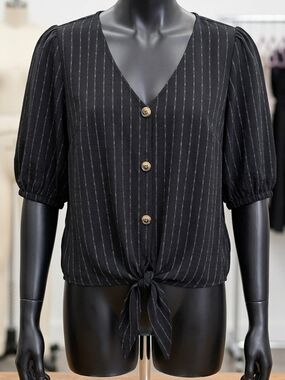 Black Pinstripe Tie-Front V-Neck Top